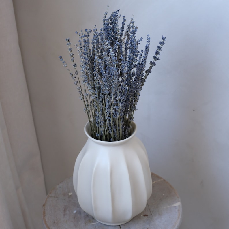 May include: A white, ribbed ceramic vase filled with dried lavender. The lavender has slender stems and small, blue-purple flower heads. The vase sits on a light-colored wooden surface, creating a simple, natural aesthetic.