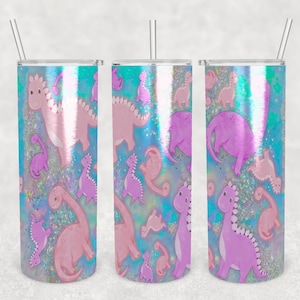 Kid&#39;s Dinosaur - 2X Designs - Pink/Purple - Glitter - Rainbow - 20oz Sublimation Tumbler - Custom - Digital Design - Wrap