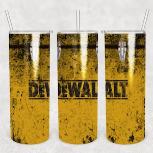 May include: Three yellow and black stainless steel tumblers with a distressed look and the word "DEWALT" printed on them.