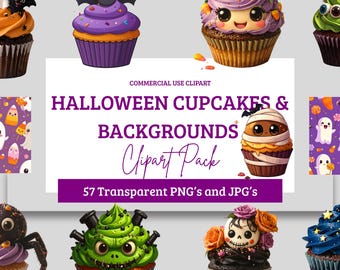 Halloween Cupcake Clipart Bundle, 57 PNG Transparent Files, Spooky Sweet Clipart, Digital Download, Commercial Use