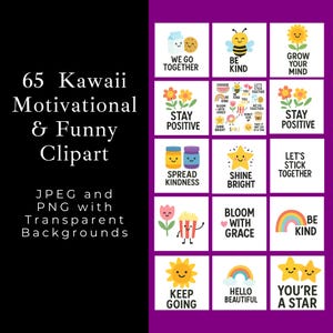 Motivational Kawaii Digital Stickers – 65  Kawaii Motivational & Funny Clipart for Digital Journaling, Stickers and more