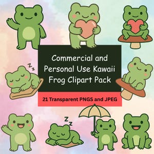 Kawaii Frog Clipart Bundle | 21 PNG + 21 JPEG | 300 DPI Cute Frog Stickers for Printables, Sublimation, Planners & More