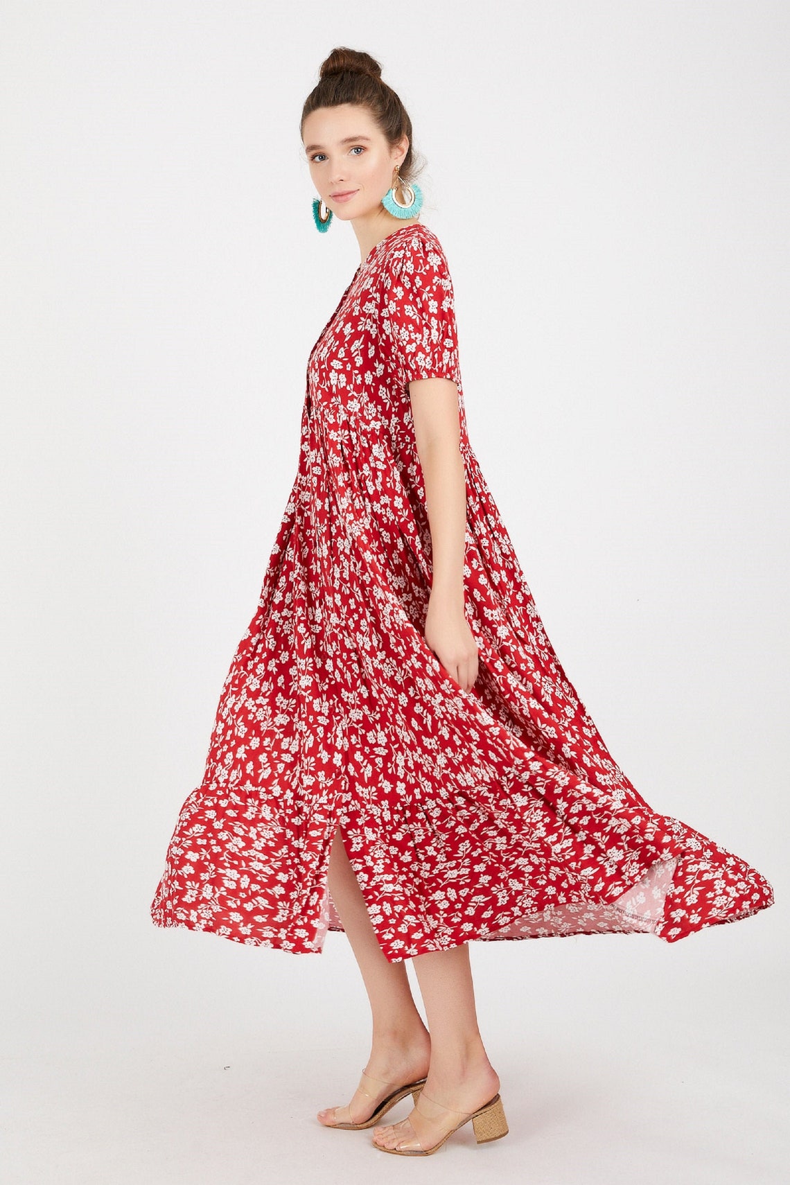 Autumn vintage red floral dress Long buttonup dress Floral Etsy