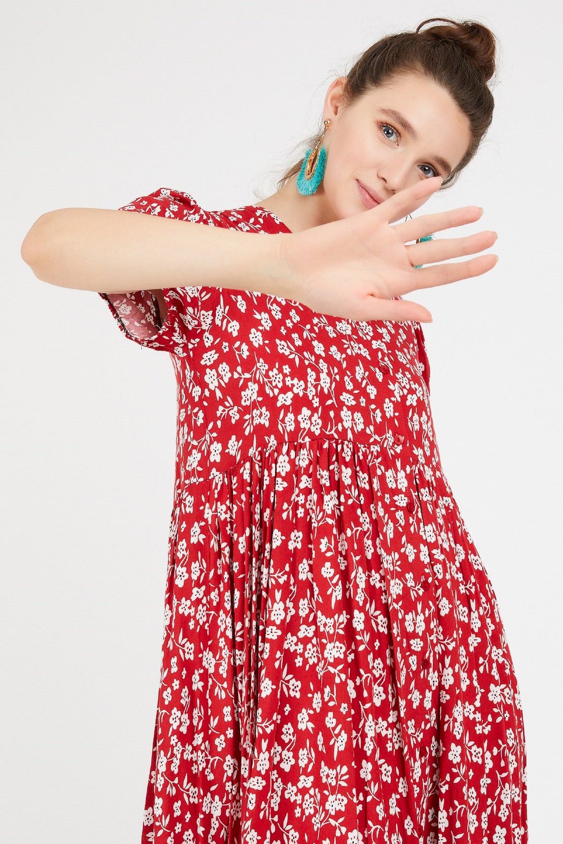 Autumn vintage red floral dress Long buttonup dress Floral Etsy