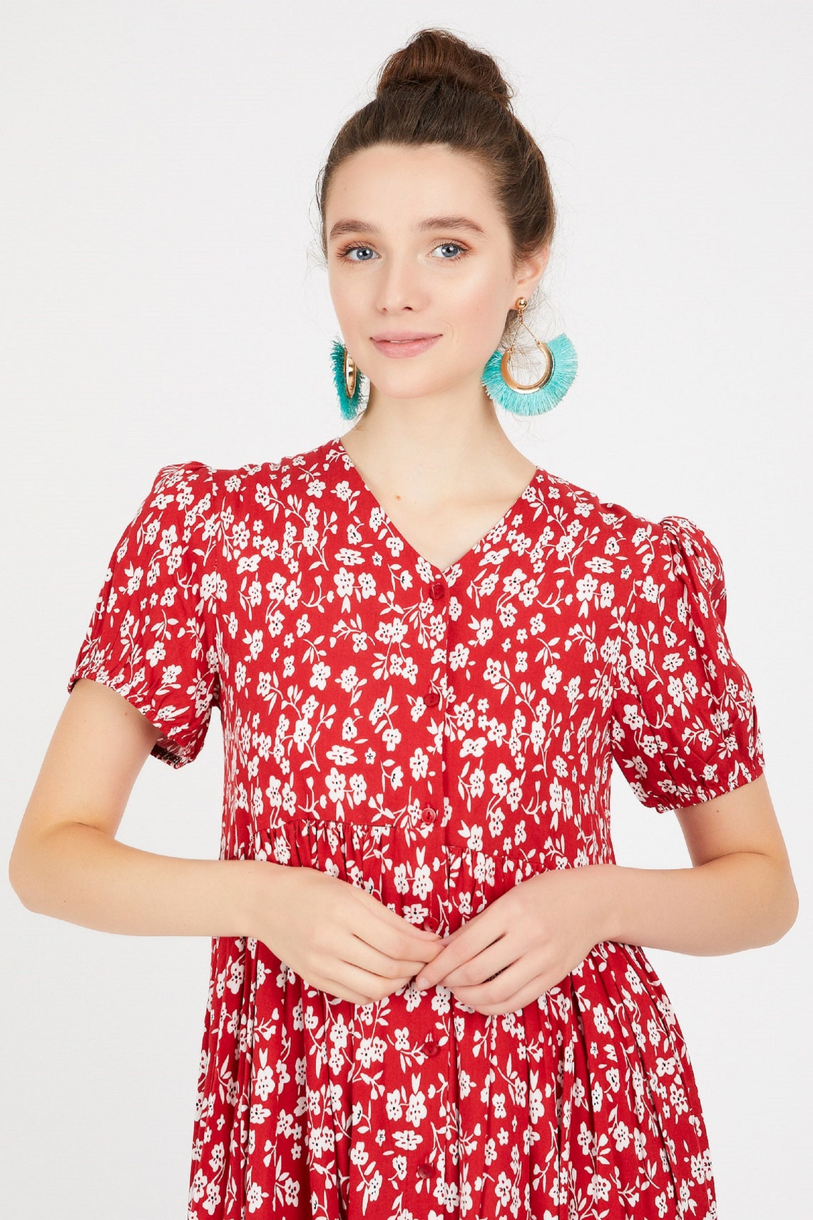 Autumn vintage red floral dress Long buttonup dress Floral Etsy