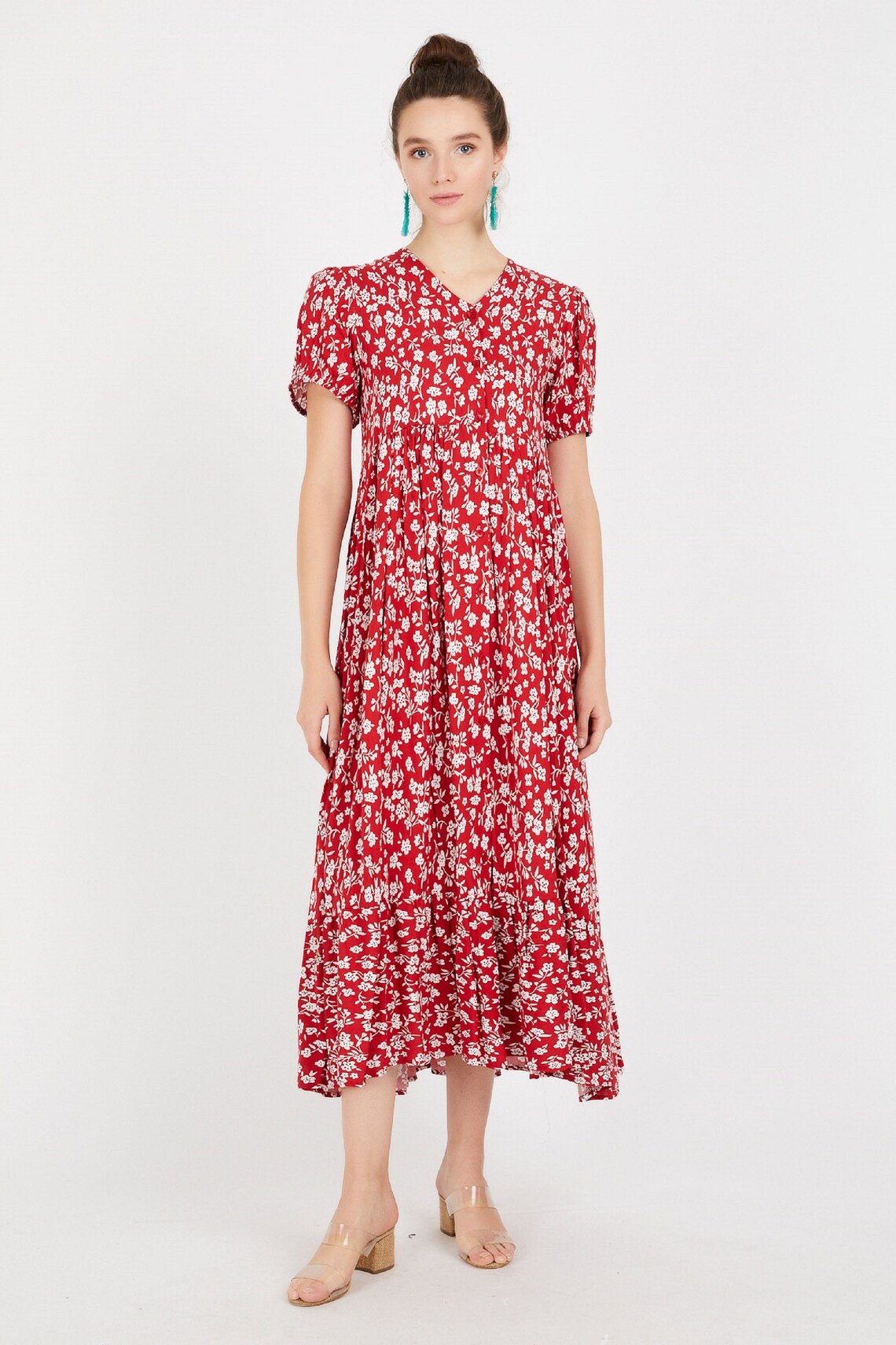 Autumn vintage red floral dress Long buttonup dress Floral Etsy