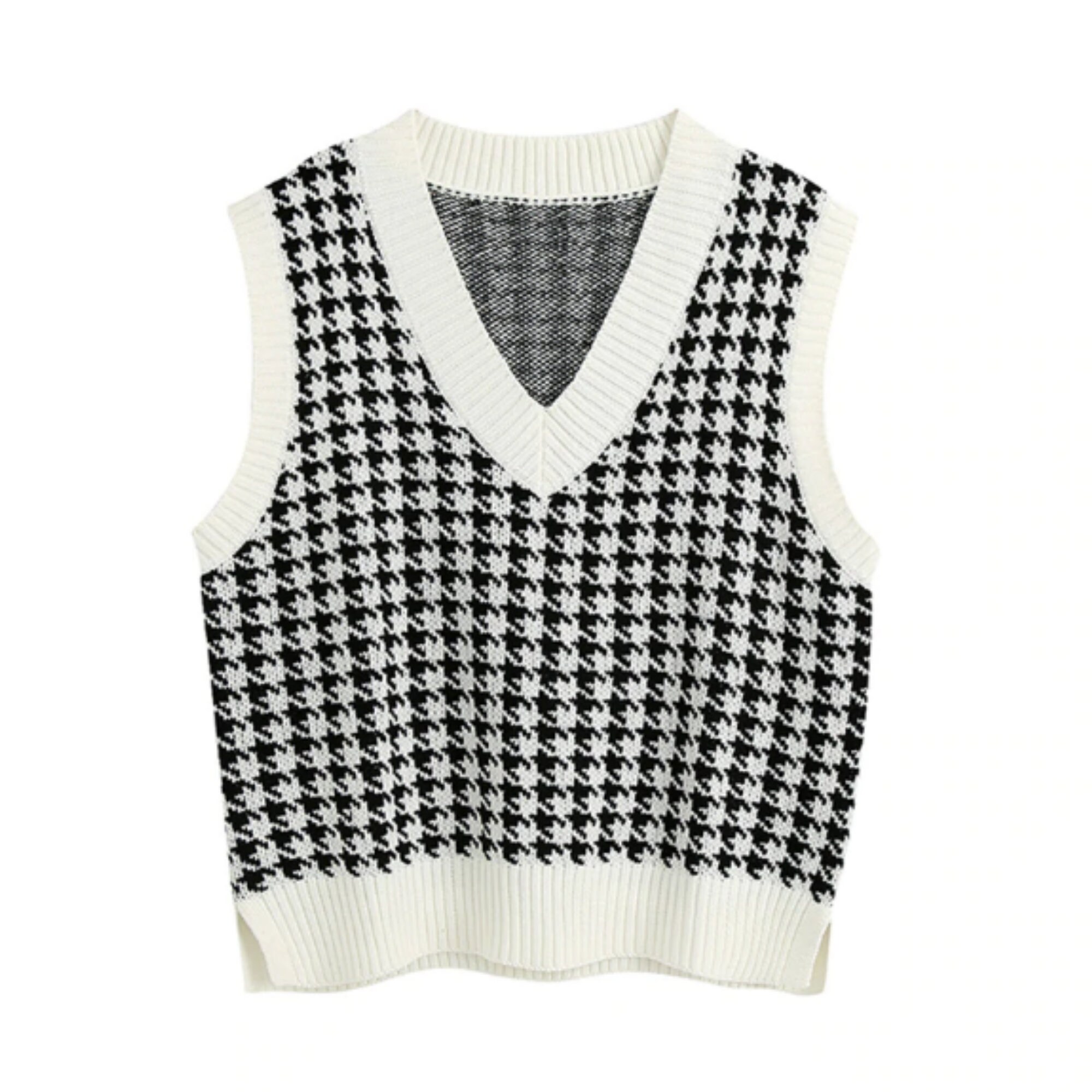 Houndstooth Loose Knitted Vest Sweater V Neck Sleeveless Side Etsy