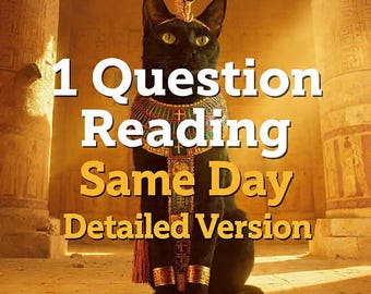 May include: A black cat wearing an ornate Egyptian-style collar and gold armbands, positioned between two stone pillars. The text 1 Question Reading Same Day Detailed Version is overlaid in white and yellow against the golden, sunlit background.