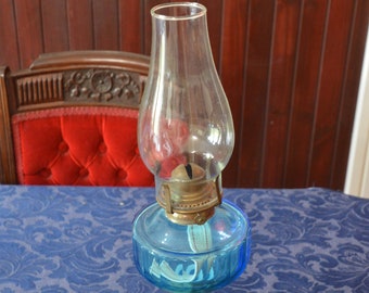 A 19th Century Reticulated Brass Based Blue Glass Oil Lamp