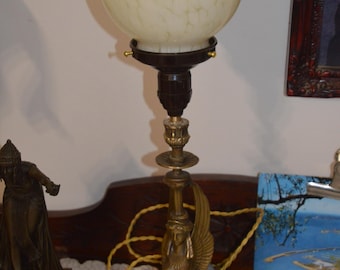 A Solid Brass Deco Era Egyptian Winged Sphinx Table Lamp