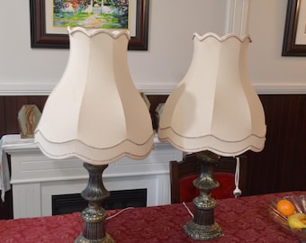 A Pair of Large Brass Table Lamps with Linen Shades