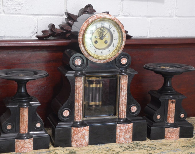 Featured listing image: A 19th Century French Marble Mantle Clock with Garnitures