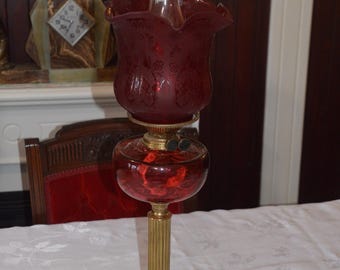 A Lovely Antique Ruby Red Youngs Duplex Oil Lamp