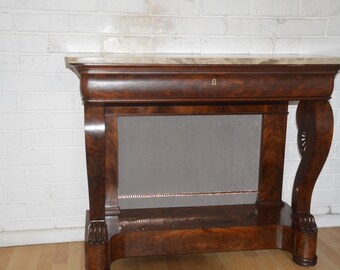 European Walnut Burl Marble Top Console