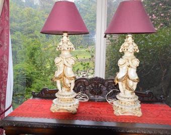 A Pair of Vintage Plaster of Paris Cherub Electric Lamps