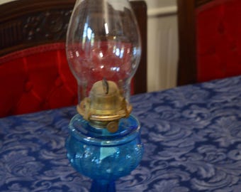 A Blue Glass American "Turkey Foot" Oil Lamp