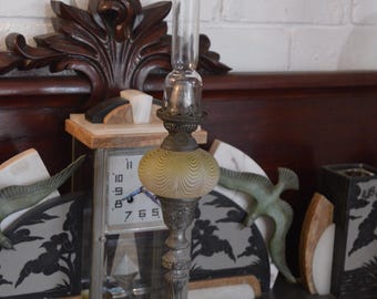 An Antique French Vaseline Glass and Ornate Metal Metal Stemmed Oil Lamp