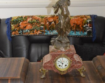 A Circa 1880's Variegated Red Marble Clock "La Paix" Charles Ruchot Bronze Statue