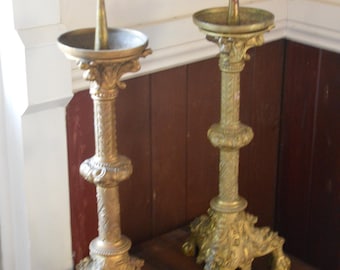 An Ornate 18th Century Pair of French Brass Candlestick Stands