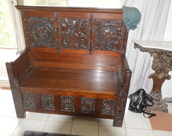 A French Mahagony Monks Settle Heraldry Carved Themes