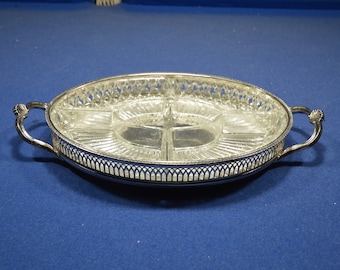 A Silver Plate Hors D'Oeurves Tray with handles and Cut Glass Inserts