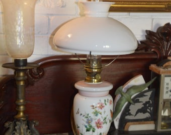 A French Hand Painted Glass Footed Oil Lamp