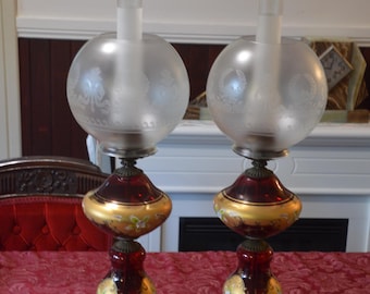 A Magnificent Pair Of Bohemia Glass Hand Painted Table Lamps
