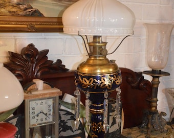 A Cobalt Blue Glass and Brass Banquet Oil Lamp