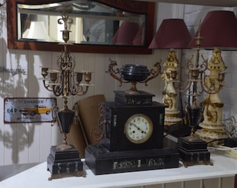 A Stunning 19th Century French Black Marble Clock and Garnitures
