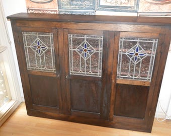 A 3 Door English Oak and Leadlight Bookcase