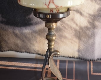 Art Deco Brass Snake Table Lamp, Stepped Mottled Shade, 1930s Vintage Lighting