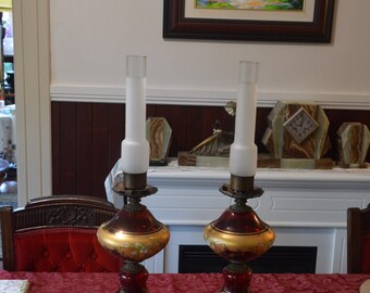 A Magnificent Pair Of Bohemia Glass Hand Painted Table Lamps