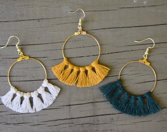 Bohemian Style Macramé Hoop Earrings - Mustard Yellow, Teal, and White