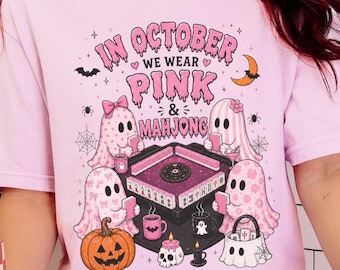 Mahjong Cancer Awareness Comfort Colors® Shirt, Mahjong Ghost Tee, In October We Wear Pink Mahjong Tee, Halloween Ghost Mahjong Tee