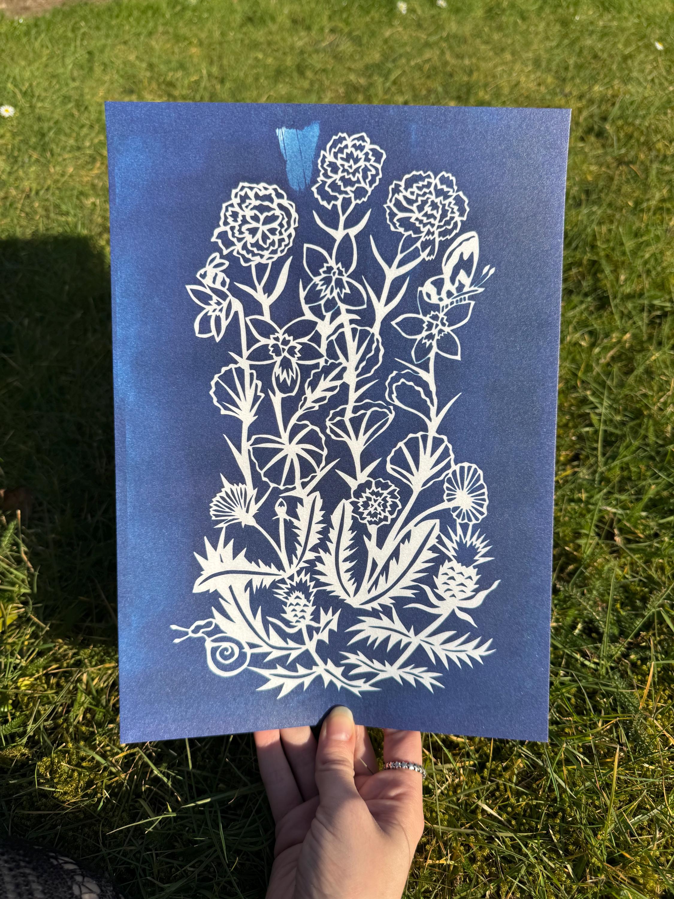 Violets, Carnations and Dandelions an A4 Cyanotype Print