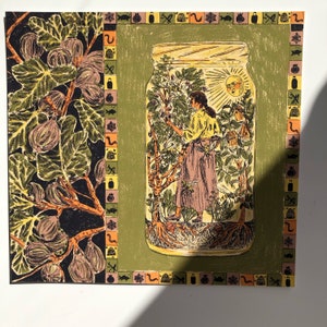 Illustrated Print, Gardener In a Mason Jar, Figs, Sun, Garden, Bees, Bird House, Fruits, Trees.