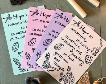 Hope A6 mini print- cosy hopeful kettle saucepan candle scissors playing cards