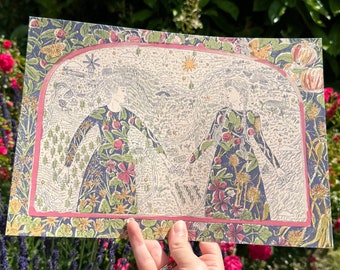 May include: A print of two figures in long dresses, standing in a field of flowers. The background is a detailed illustration of a landscape with trees, mountains, and a starry sky. The figures are surrounded by a border of flowers and leaves.