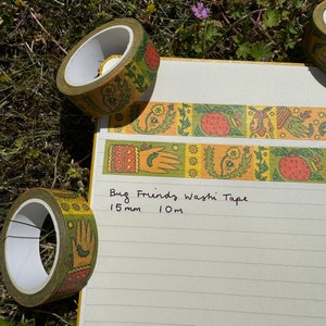 Bug Friends Illustriertes Washi Tape 15 mm x 10 m, Obst, Blumen, Bienen, Blätter, Natur, Motte, Erdbeere