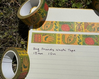 Bug Friends Illustrated Washi Tape 15mm x 10m, fruit, flowers, bees, leaves, nature, moth, strawberry