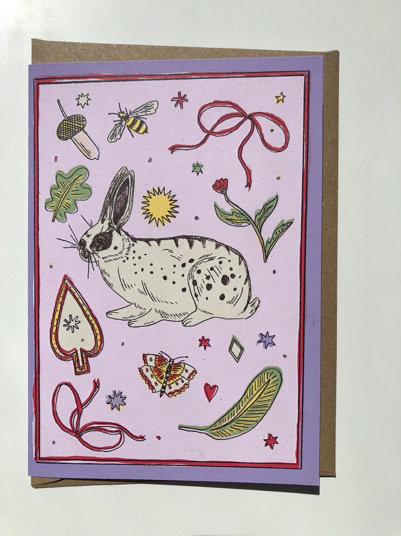 Rabbit Treasures Greetings Card, Bunny, folk art, birthday, congrats, thank you, pink image 3