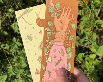 The Bug Collector - Double sided bookmark - Rose hips, bugs and hands