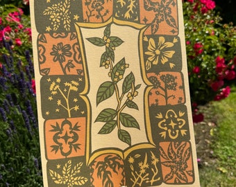 May include: A vintage style print featuring a floral design with a central image of a green plant with yellow flowers. The print is framed by a border of repeating geometric patterns in shades of green, orange, and yellow.