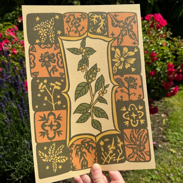 Folk Art Fliesenbild A4 Print, pflanzen, natur, witchy