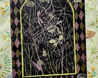 May include: An artistic print featuring a dark, arched window design with a black interior filled with insects and plants. The window is framed in yellow, set against a backdrop of a diamond pattern in black and mauve. A small basket and window are in the corners.