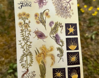 May include: A rectangular sheet of stickers featuring botanical illustrations of yellow flowers, a purple beetle, and various plant stems. The right side displays five black squares containing yellow sun icons. A yellow Penco brand plastic clip is attached.