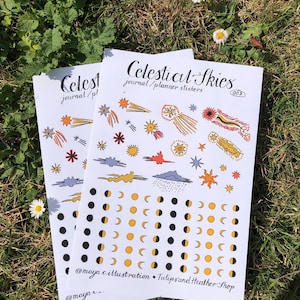 "Stickerbogen ""Celestial Skies"" für Journals und Planer, A5 Papier Sticker, Sterne, Wolken, Wetter, Mondphasen, Regen, Sonne."