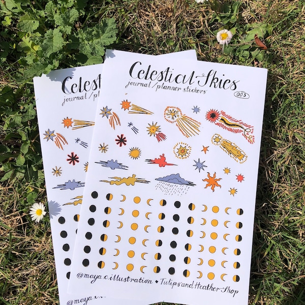 Sticker Sheet “Celestial Skies” for journals and planners, A5 paper stationery stickers, stars, clouds, weather, moon phases, rain, sun