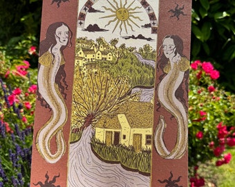 May include: A vintage style illustration of two mermaids with long flowing hair, set against a background of a small village with a river and a sun in the sky. The mermaids are drawn in a whimsical style with intricate details.