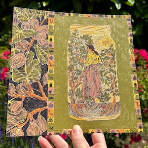 Illustrated Print, Gardener In a Mason Jar, Figs, Sun, Garden, Bees, Bird House, Fruits, Trees.